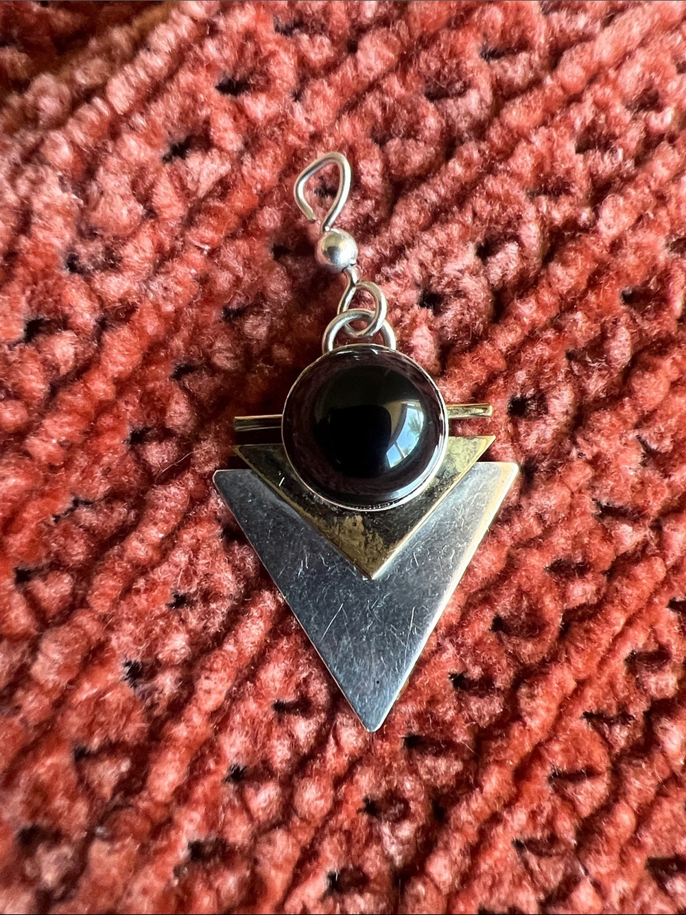 Vintage Sterling Silver GF Two-Tone Geometric Pendant Necklace with Black Stone